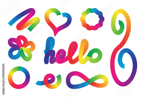 Set of colorful abstract ribbon elements with gradient transitions in rainbow hues.Curved and twisted shapes ideal for festive designs, digital artwork and modern compositions