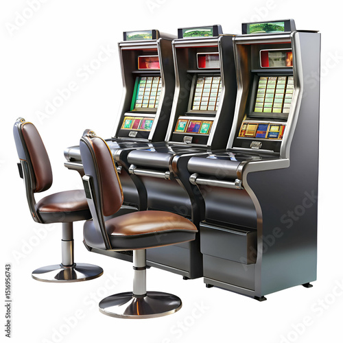Three modern slot machines with comfortable chairs set against a clean white background