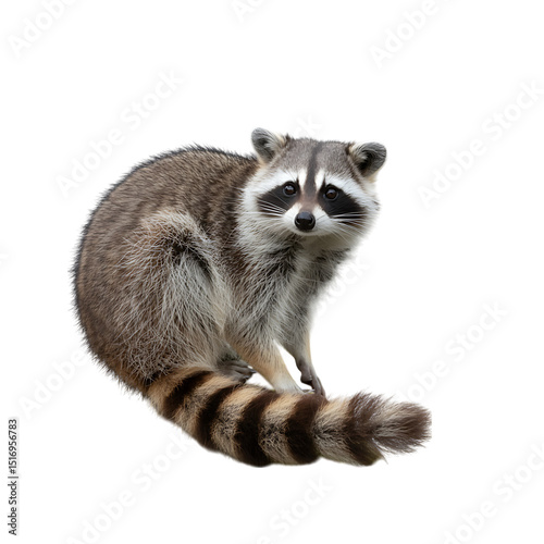 Photography An inquisitive raccoon with distinctive mask staring intently on a black on tran