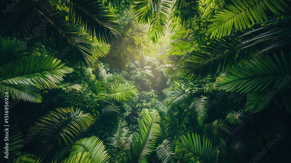 Fototapeta premium Deep rainforest canopy with filtered light and dense layered foliage high saturation greens natural complexity immersive vertical depth
