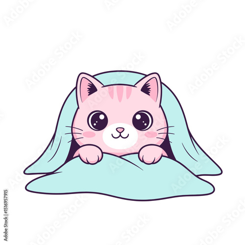 Cute cat peeking out from under a light blue blanket  