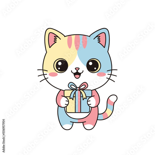 Cute cat holding a gift with a colorful pastel design  