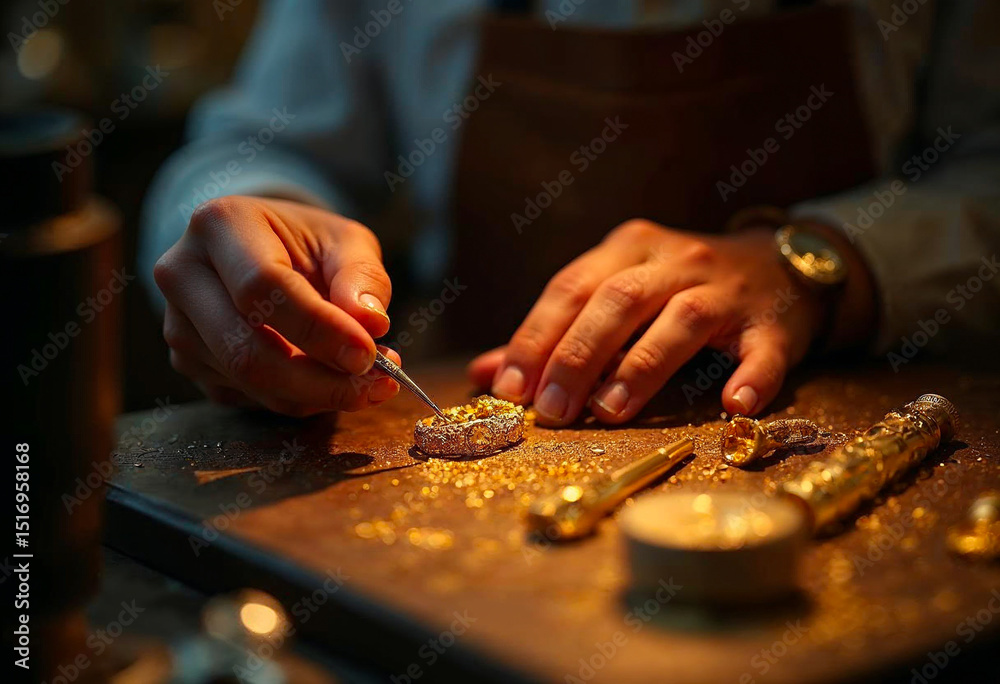 Fototapeta premium Artisan hands crafting fine gold jewelry using detailed tools in workshop