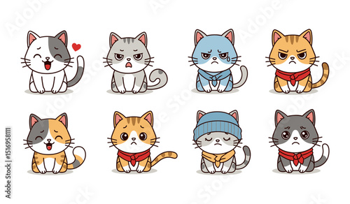 Cute kawaii-style cats expressing various emotions and styles
