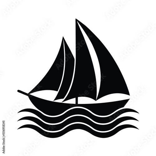 Sailing boat on waves vector silhouette  