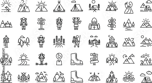 Hiking camping adventure icons mountain landscape travel