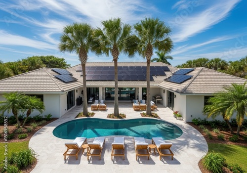 Luxury single-story mansion with pool, palm trees, and dark solar panels on light roof, sunny day, Florida, USA