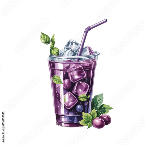 Watercolor illustration of a blueberry drink with ice and a straw