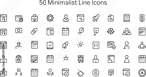 A collection of fifty minimalist line icons arranged neatly rows