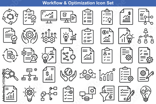 Workflow and Optimization Icons – Line Art Vector Set for Business Process, Strategy, and Performance Improvement