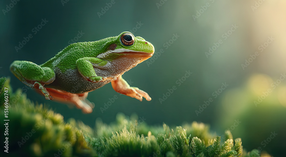 Obraz premium Green Tree Frog Leaping From Moss, Symbolizing Environmental Awareness and Wildlife Conservation Efforts in Nature Photography