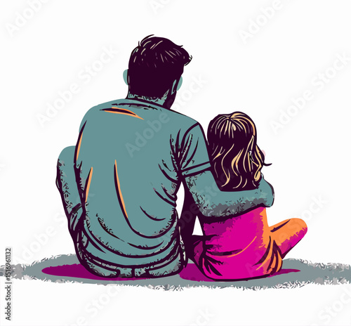 Father and Daughter Sitting Together, Back View Illustration