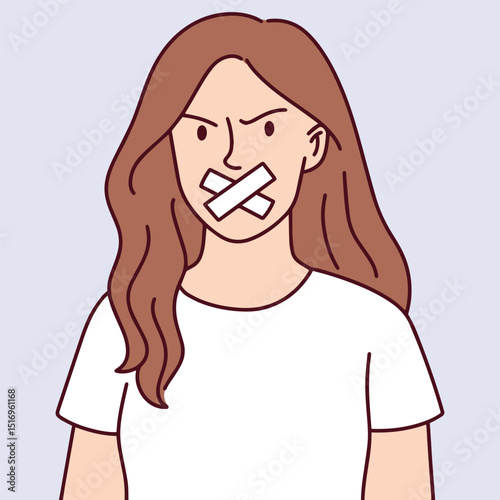 Angry woman with mouth taped shut, symbolizing suppression, emotional abuse, and forced silence. Represents resistance to control and gender injustice