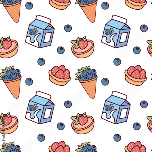 Pattern with milk cartons, berry tarts, ice cream cones and blueberries in soft blue and pink palette