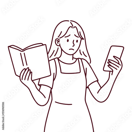 Minimal line art of girl holding open book and smartphone in hands. Concept of multitasking, youth distraction, and tech lifestyle in monochrome style