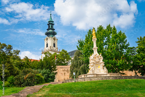 View of the plague column and castle of Nitra, Slovakia. It was erected in 1750 and made by the artist Martin Vogerle to commemorate major black death epidemics.
