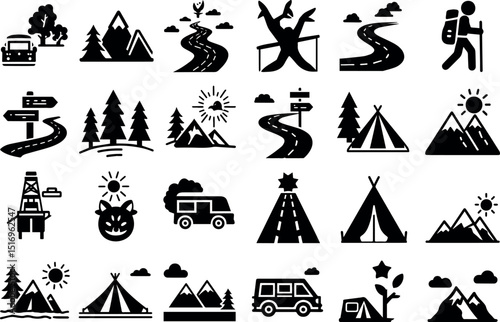 Adventure travel icons set camping hiking road trip