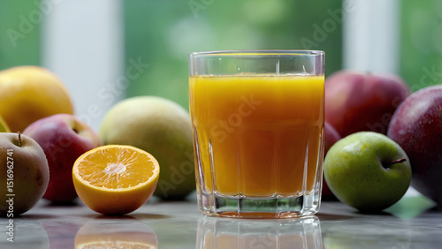 Glass of orange juice and fruit are placed on the counter.