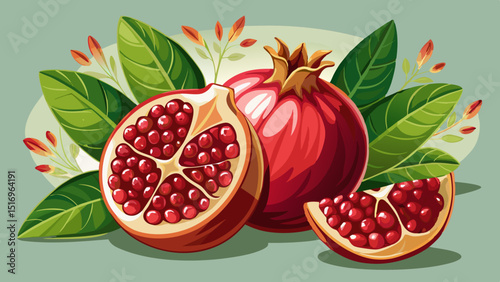 Juicy pomegranate and its half with leaves.