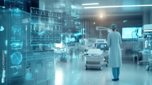 Doctor in futuristic lab with holographic health displays