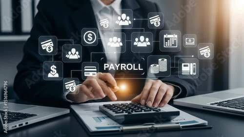 Person calculating payroll with calculator and laptop surrounded by payroll related icons