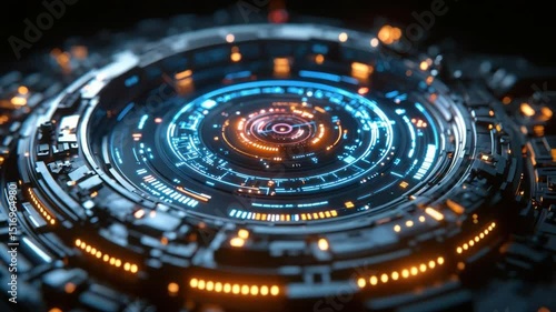 Wallpaper Mural Close-up view of a complex, circular, futuristic technology interface with glowing blue and orange lights.  Complex mechanical components surround a central display Torontodigital.ca
