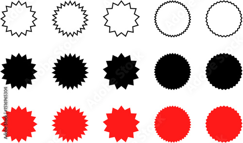 Starburst badge shape set – blank spiked round labels in black, red, and outline styles