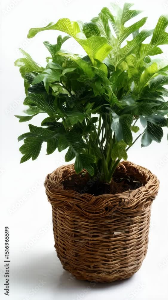 Fern-like houseplant in a woven wicker basket on a plain white background in vertical orientation Fern-like houseplant in a woven wicker basket on a plain white background in vertical orientation