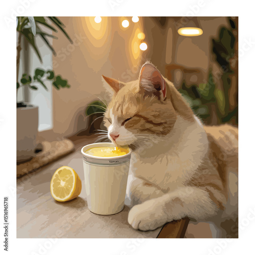 cute cat relaxing while drinking lemon juice