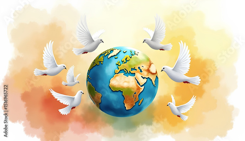 Doves Flying Around the Earth for World Peace