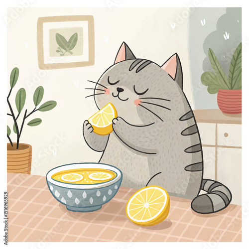 cute cat relaxing while drinking lemon juice