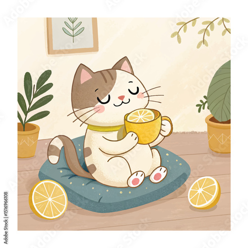cute cat relaxing while drinking lemon juice