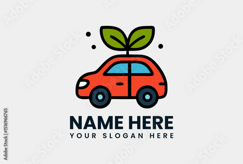 Red eco-friendly car logo with green leaves growing from the roof. Environmental sustainability concept