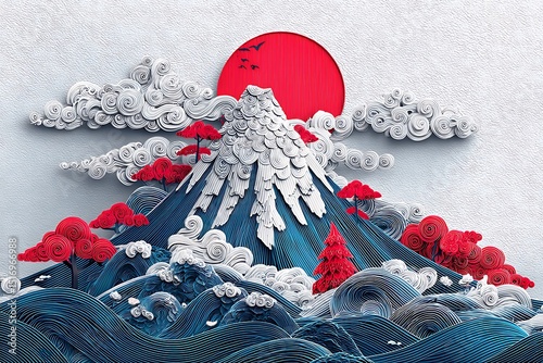 Mount Fuji, adorned with red accents, rises majestically above blue waves and clouds in a minimalist Japanese-inspired design. photo