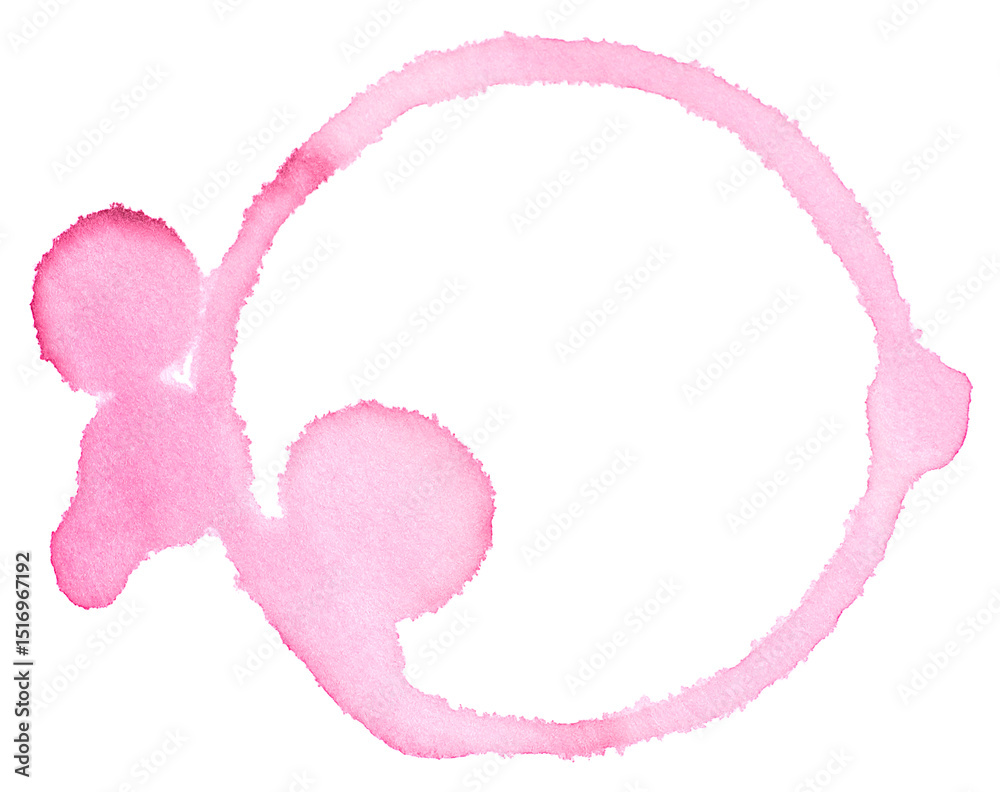 Fototapeta premium Red wine stain isolated on a white background, top view. Red wine ring and drops.