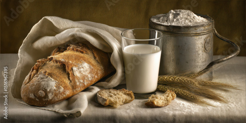 A freshly baked white milk loaf on a rustic white towel, surrounded by a milk can and a poured glass of milk and sprinkled with flour