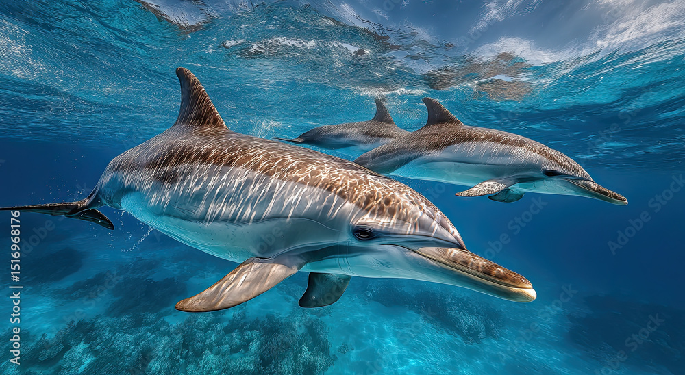 Fototapeta premium Dolphins Swimming Underwater in Turquoise Ocean, Showcasing Marine Conservation and Ecotourism Opportunities