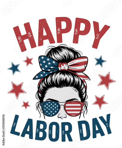 A stylish woman with her hair in a bun sports sunglasses and a bow, both featuring the American flag Happy Labor Day