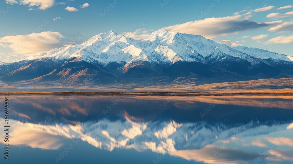 Fototapeta premium Snow-Capped Mountain Range Reflected in Calm Lake Waters Under a Partly Cloudy Sky