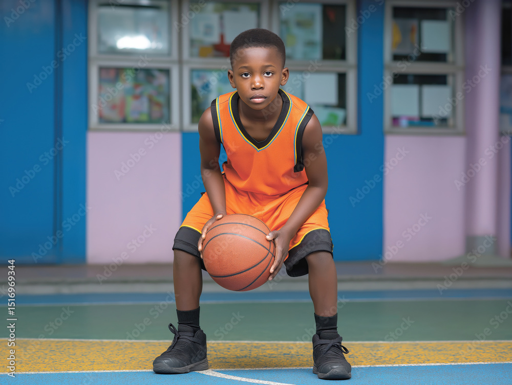 Naklejka premium Young boy in orange basketball uniform crouches on court, holding a basketball, showcasing determination and focus in a vibrant outdoor sports environment