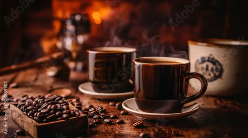 Warm coffee cups on a rustic wooden table surrounded by coffee beans and an inviting fireplace glow