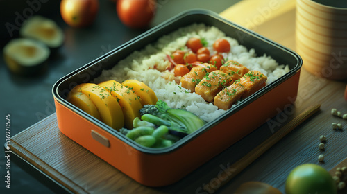 A neatly packed lunch box filled with healthy food, including steamed rice and grilled vegetables, placed on a kitchen countertop, showcasing a nutritious and balanced meal in a clean and organized se