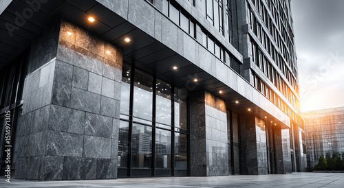 Modern Office Building Exterior With Marble Facade, Showcasing Corporate Architecture and Urban Development, Ideal for Real Estate Marketing