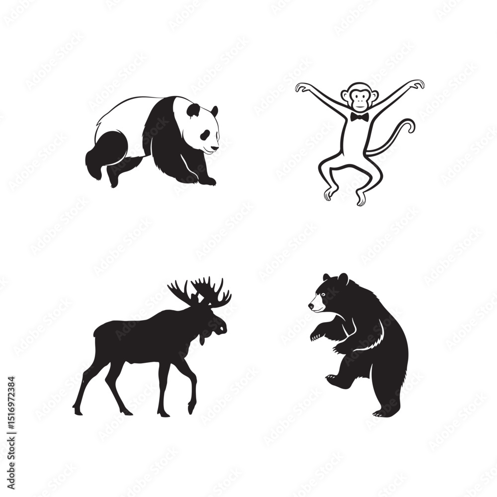 Obraz premium Adorable Panda, Monkey, Moose, and Bear Silhouettes Wildlife Vector Illustrations