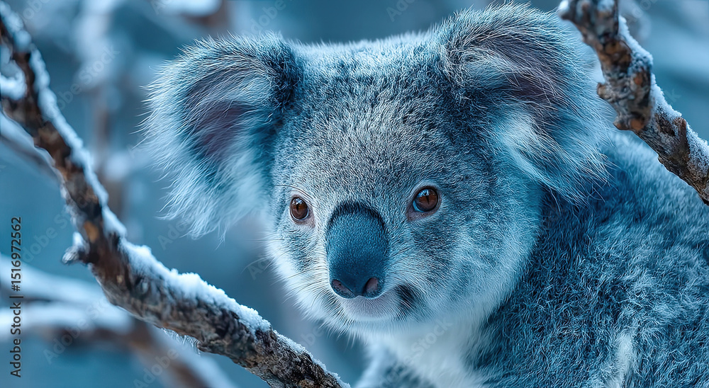 Fototapeta premium Koala Sitting on a Branch in Winter, Symbolizing Wildlife Conservation and Environmental Awareness, Perfect for Educational Materials and Nature Documentaries