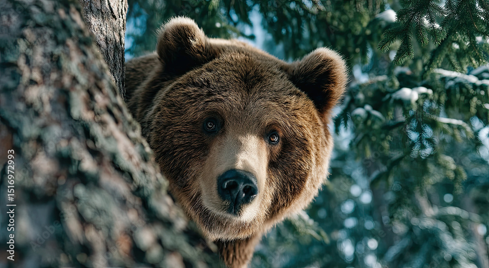 Fototapeta premium Grizzly Bear Peeking From Behind a Tree in Winter Forest, Representing Wildlife Conservation and Environmental Awareness Campaign