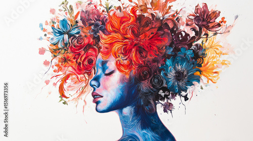 An artistic portrait of a glamorous woman with a flowery hairstyle, illustrated in brilliant, vivid colors that radiate elegance and creativity.