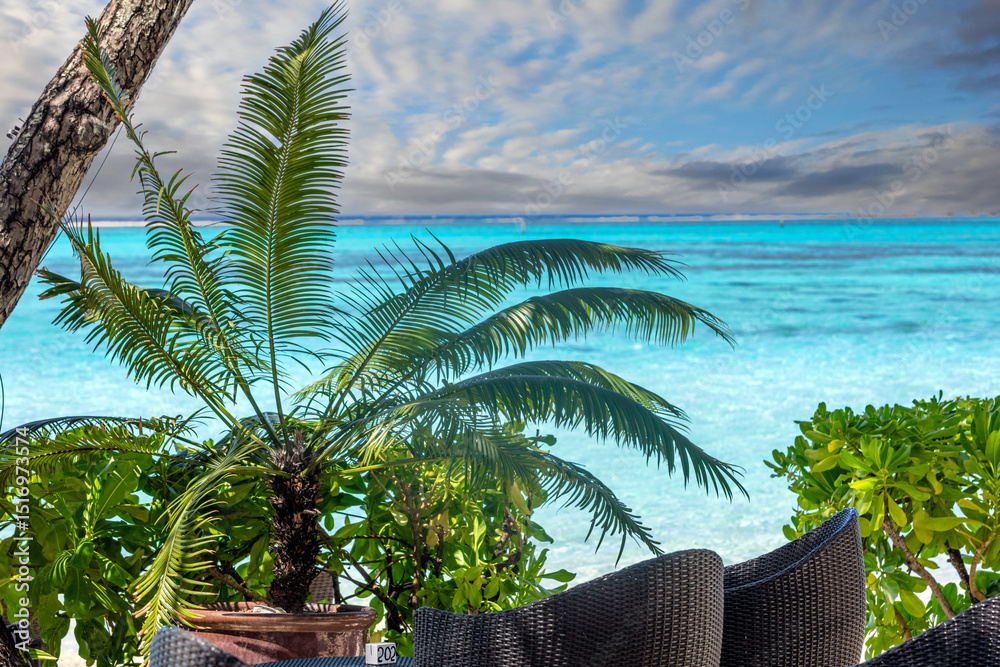 Fototapeta premium petit salon extérieur sur la plage au bord du lagon bleu turquoise de l'île de Mo'orea en Polynésie