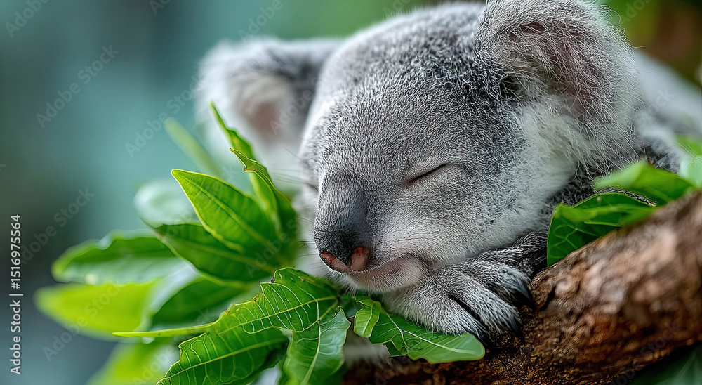 Obraz premium Sleeping Koala Resting on Branch With Green Leaves, Representing Wildlife Conservation and Tranquility
