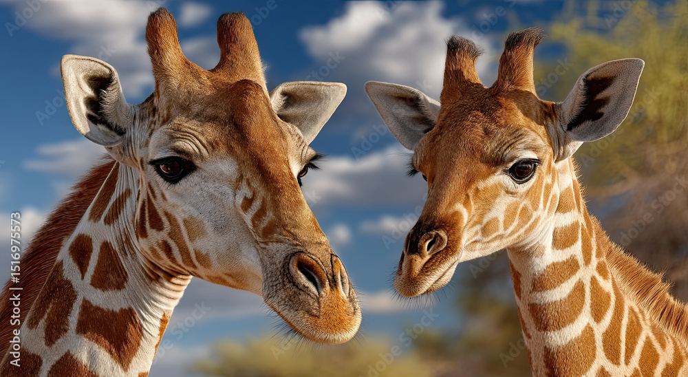 Obraz premium Close-Up of Two Giraffes Against Cloudy Sky, Symbolizing Wildlife Conservation and Animal Companionship for Educational Content and Environmental Awareness